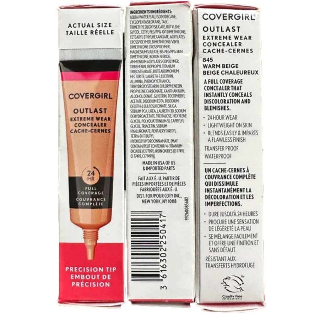 New 3 Covergirl Outlast Extreme Wear Concealer Full Coverage 845‎ Warm Beige